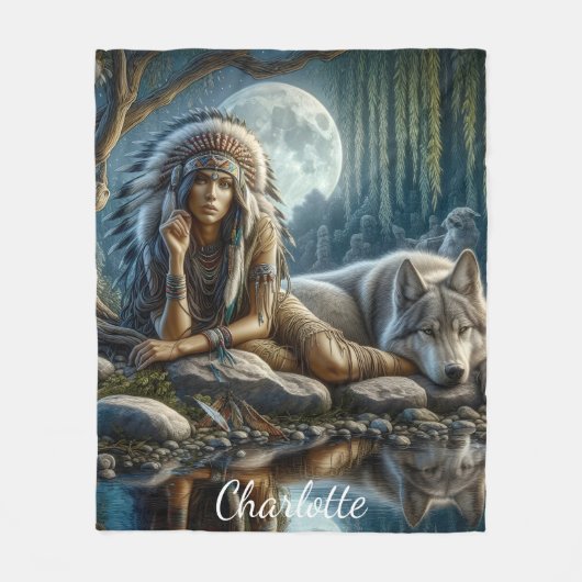Een Indiaanse vrouw en haar trouwe wolf metgezel Fleece Deken (Voorkant)
