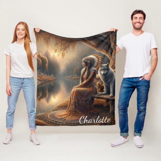 Een Indiaanse vrouw en haar trouwe wolf metgezel Fleece Deken (In situ)