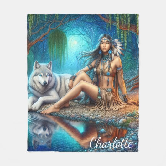 Een Indiaanse vrouw en haar trouwe wolf metgezel Fleece Deken (Voorkant)