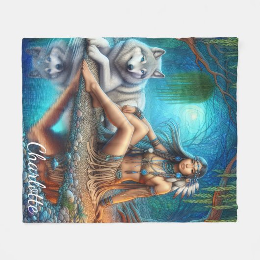 Een Indiaanse vrouw en haar trouwe wolf metgezel Fleece Deken (Voorkant (Horizontaal))