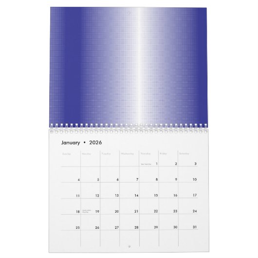 Een ingewikkeld blauw geometrisch patroon met symm kalender (Jan 2026)