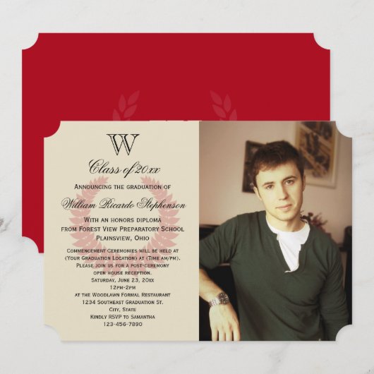 Eén Initiaal Monogram rood Foto Afstuderen Kaart (Voorkant / Achterkant)