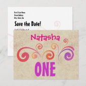 Een jaar 1e verjaardag Kleurrijke wervelingen A07C Aankondigingskaart (Voorkant / Achterkant)