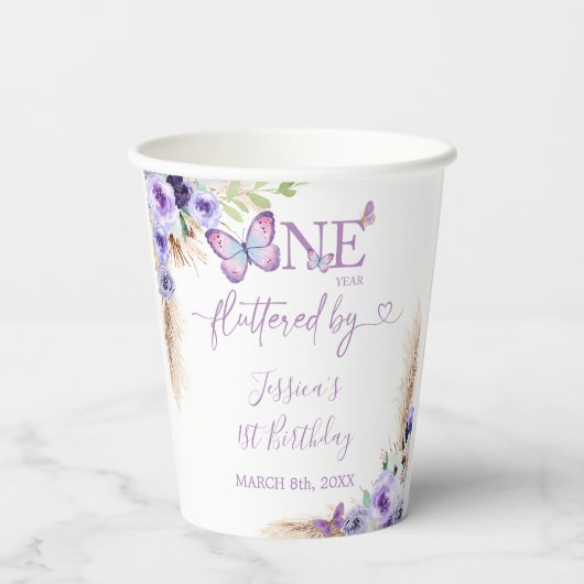 Een jaar Fluttered Butterfly Eerste Verjaardag Blo Papieren Bekers (Achterkant)