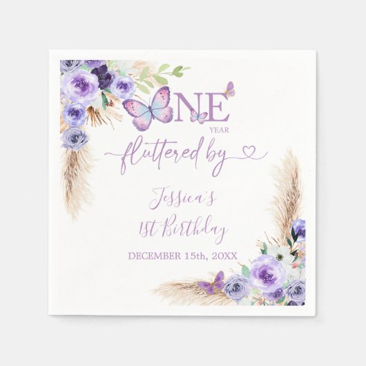 Een jaar Fluttered Butterfly Eerste Verjaardag Pap Servet (Voorkant)