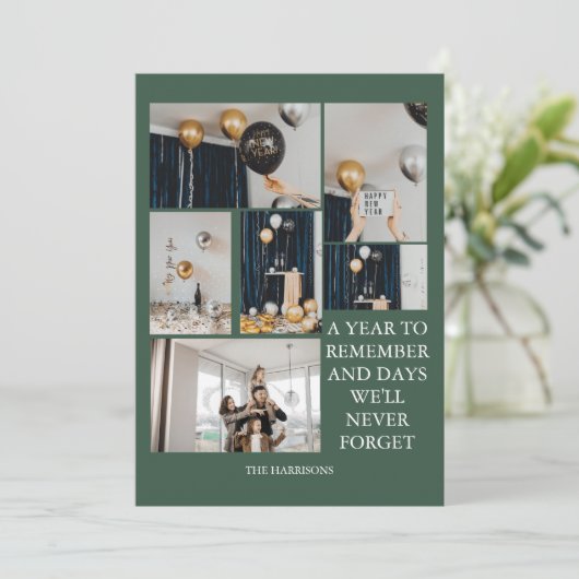 Een jaar om 6 fotocollage groen te onthouden feestdagenkaart (Staand voorkant)