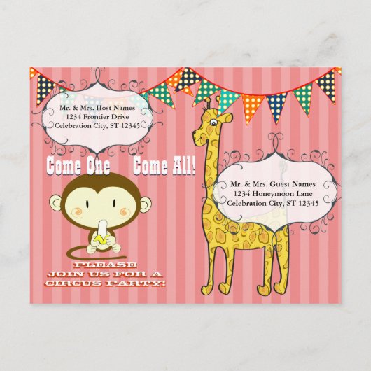 Een jaar oud Circus Olifant Monkey Giraffe Party Uitnodiging Briefkaart (Achterkant)