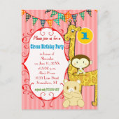 Een jaar oud Circus Olifant Monkey Giraffe Party Uitnodiging Briefkaart (Voorkant)