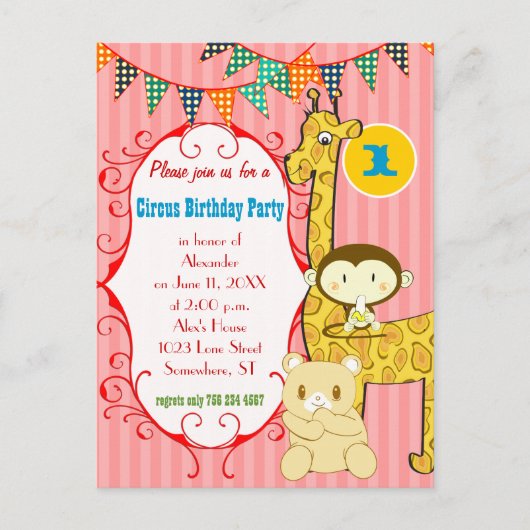 Een jaar oud Circus Olifant Monkey Giraffe Party Uitnodiging Briefkaart (Voorkant)