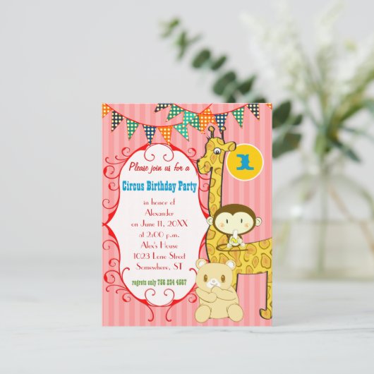Een jaar oud Circus Olifant Monkey Giraffe Party Uitnodiging Briefkaart (Staand voorkant)