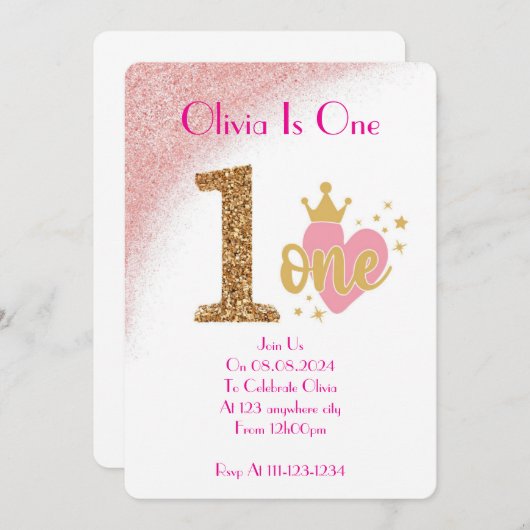 EEN JAAR OUD MEISJE VERJAARDAG UITNODIGING (Voorkant / Achterkant)