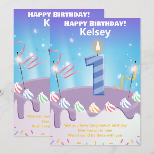 een jaar oude Happy Birthday-kaart gepersonaliseer (Voorkant / Achterkant)