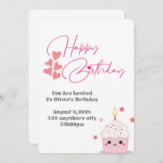 Een jaar oude verjaardag roze ontwerp uitnodiging (Voorkant / Achterkant)