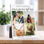 Eén jaar van ons Foto Collage Huwelijksverjaardag Fotoplaat<br><div class="desc">Maak je eigen eerste huwelijksverjaardag cadeau foto display bord. Eenvoudig te personaliseren door vier van je favoriete foto's toe te voegen aan deze collage sjabloon.</div>