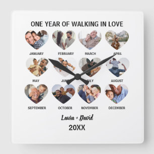 Een jaar wandelen in liefde 12 hart foto collage vierkante klok
