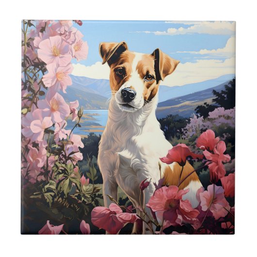 Een Jack Russell Terrier's Floral Haven Tegeltje (Voorkant)