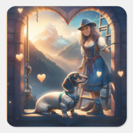 Een jong Alpenmeisje en haar liefdevolle teckel Vierkante Sticker