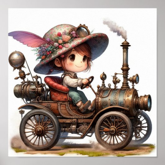 Een jong gelukkig kind dat in een Steampunk-voertu Poster (Voorkant)
