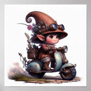 Een jong gelukkig kind dat op een Steampunk-scoote Poster