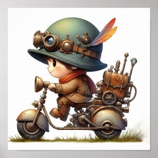 Een jong gelukkig kind dat op een Steampunk-scoote Poster (Voorkant)