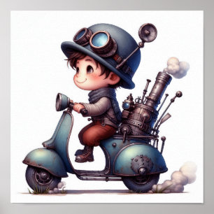 Een jong gelukkig kind op een Steampunk Skooter Poster