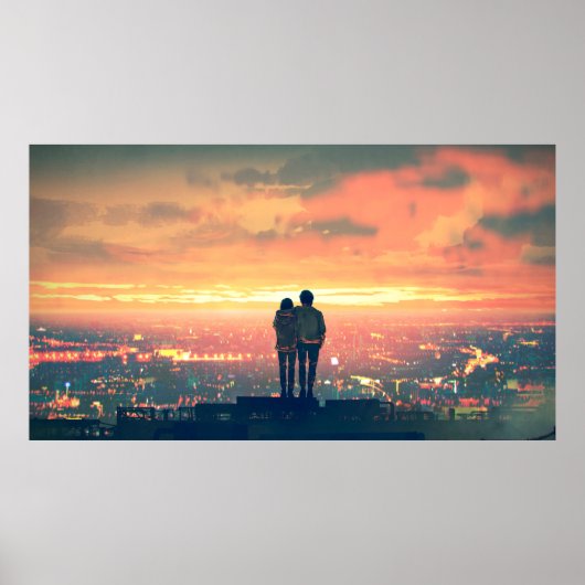 een jong koppel dat boven op het dak staat , kijkt poster (Voorkant)