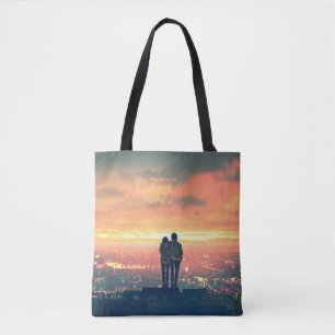 een jong koppel dat boven op het dak staat , kijkt tote bag