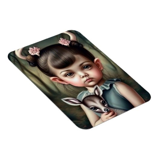 Een jong meisje dat een hert in haar armen houdt magneet (Rechterzijde)