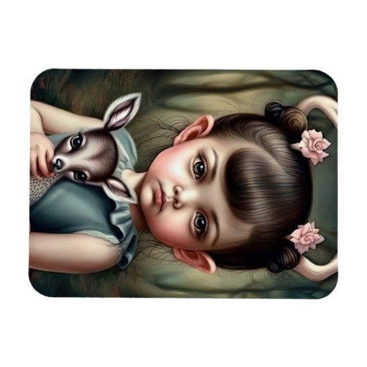 Een jong meisje dat een hert in haar armen houdt magneet (Horizontaal)