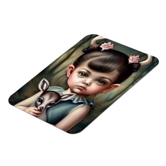 Een jong meisje dat een hert in haar armen houdt magneet (Linkerzijde)