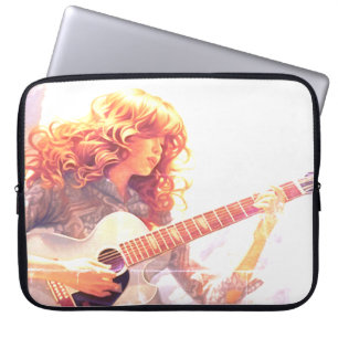 Een jong meisje dat gitaar speelt op een elektroni laptop sleeve