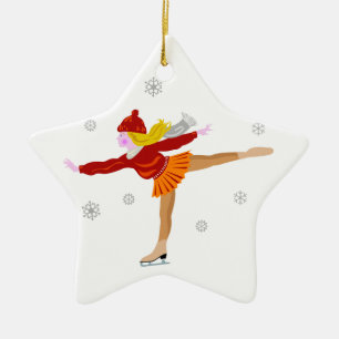Een jong meisje Ice Skating als sneeuwvlokken Herf Keramisch Ornament