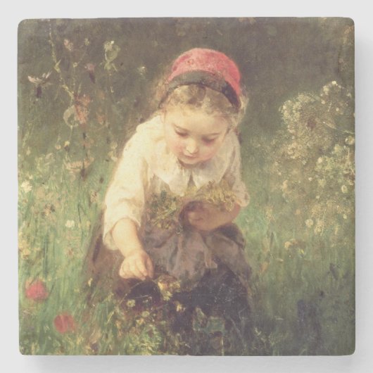 Een jong meisje in een veld stenen onderzetter (Voorkant)