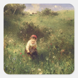 Een jong meisje in een veld vierkante sticker