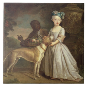 Een jong meisje met een hond en een pagina, 1720-3 tegeltje