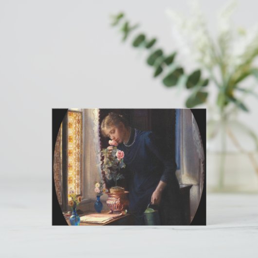 Een jong meisje ruikt naar een Roos van Carl Bloch Briefkaart (Staand voorkant)