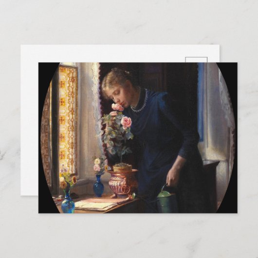 Een jong meisje ruikt naar een Roos van Carl Bloch Briefkaart (Voorkant / Achterkant)