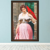 Een jonge dame met een rood ventilator van Eugen v Canvas Afdruk (Insitu (Houten vloer))