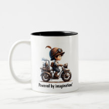 Een jonge gelukkige kind die op een Steampunk-moto