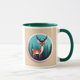 Een jonge hert kijkt naar de natuur voor het bos. mok
