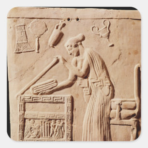 Een jonge vrouw die haar kleren in een vierkante sticker