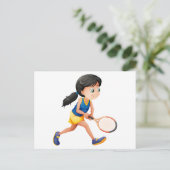 Een jonge vrouw die tennis speelt briefkaart (Staand voorkant)