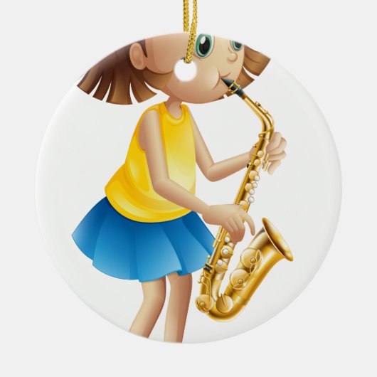 Een jongedame die speelt met de saxofone keramisch ornament (Voorkant)
