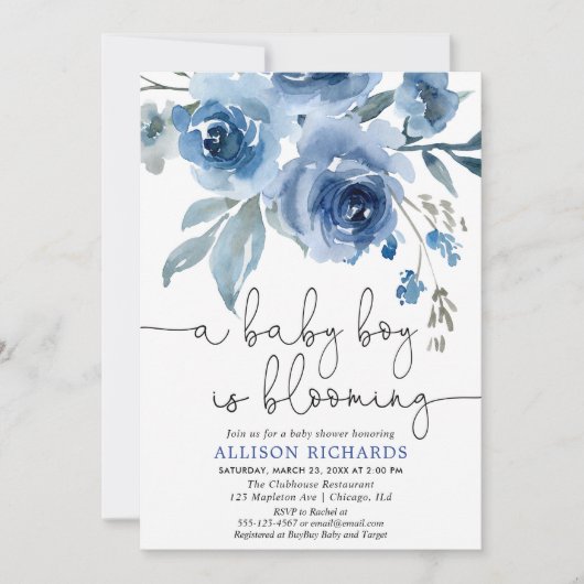 Een jongen blaast blauw baby shower in zee kaart (Voorkant)