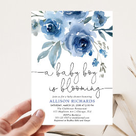 Een jongen blaast blauw baby shower in zee kaart