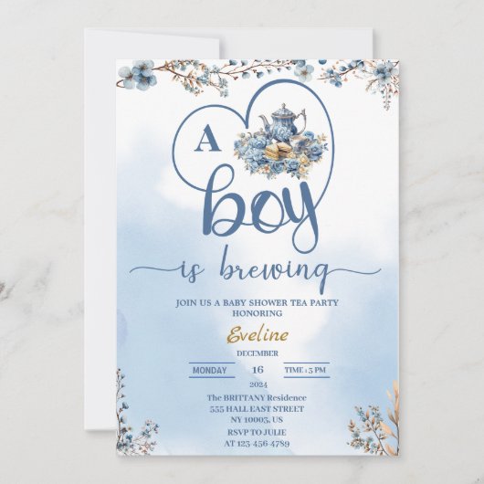 Een jongen brouwt baby shower voor een theefeest kaart (Voorkant)
