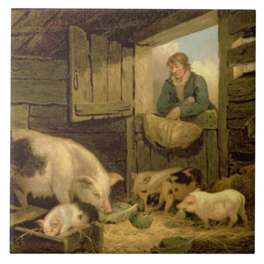 Een jongen die een varkensstaart bekijkt, 1794 (ol tegeltje (Voorkant)