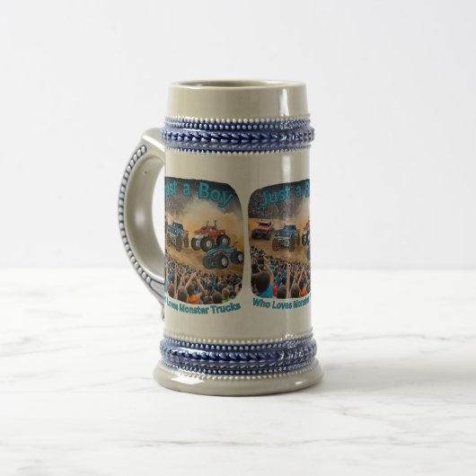 Een jongen die van monstertrucks houdt bierpul (Voorkant links)