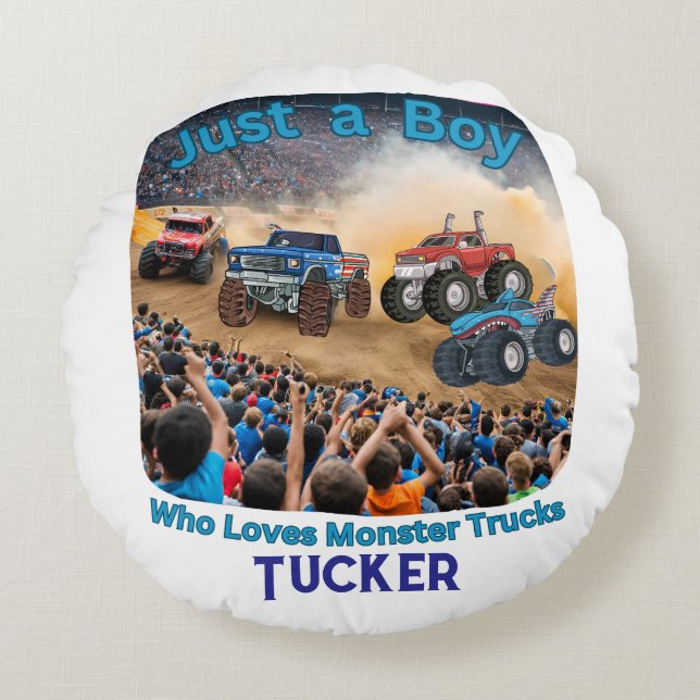 Een jongen die van monstertrucks houdt rond kussen (Voorkant)