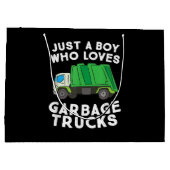 Een jongen die van vuilniswagens houdt groot cadeauzakje (Achterkant)